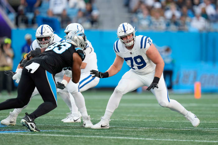 Nov 5, 2023; Charlotte, North Carolina, USA; Indianapolis Colts offensive tackle Bernhard Raimann (79) during the first quarter against the Carolina Panthers at Bank of America Stadium. Mandatory Credit: Jim Dedmon-USA TODAY Sports